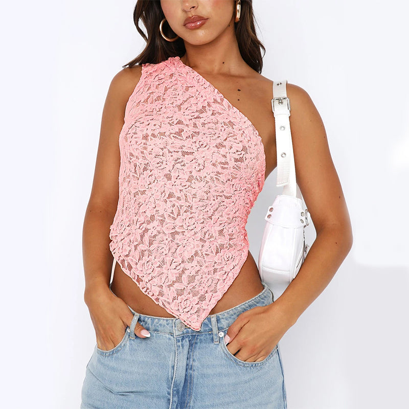 Lumea Lace Backless Top — Asymmetrical Sloped Neck Summer Vest