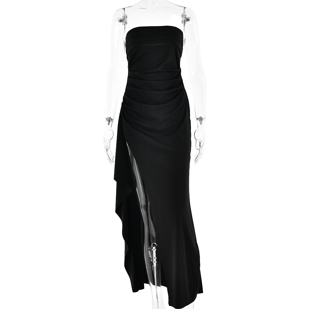 Strapless Pleated Split Maxi Dress