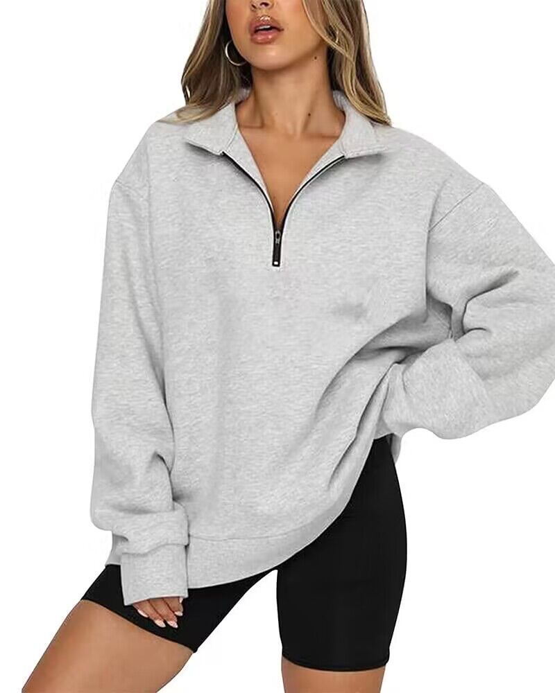 CozyChic Zip-Up Sweatshirt — Turndown Collar, Effortless Loose Fit for Everyday Style