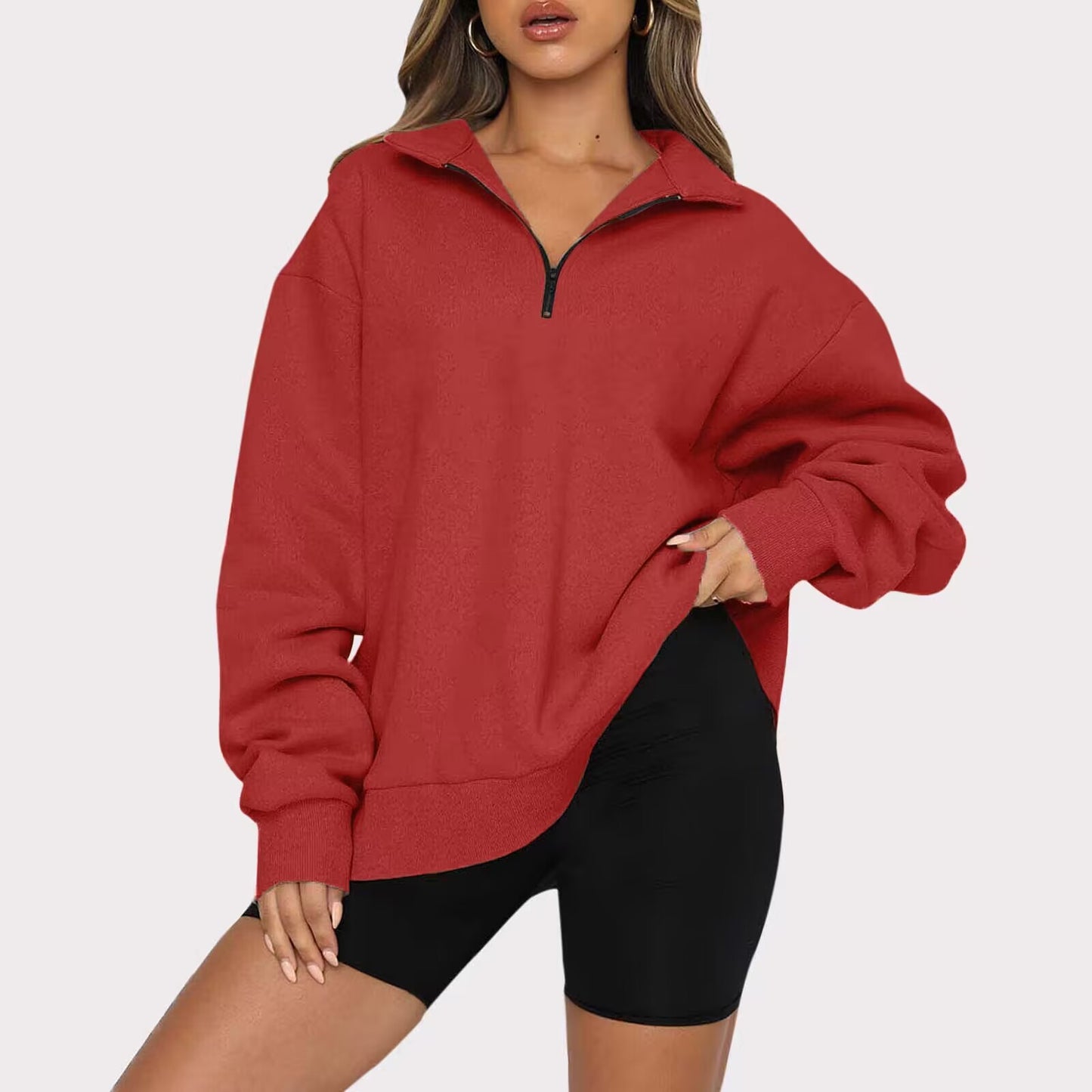 CozyChic Zip-Up Sweatshirt — Turndown Collar, Effortless Loose Fit for Everyday Style
