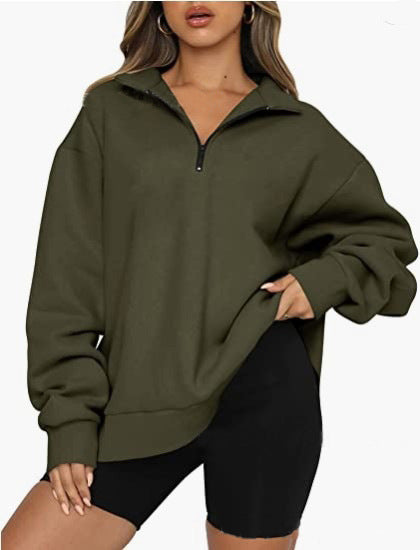 CozyChic Zip-Up Sweatshirt — Turndown Collar, Effortless Loose Fit for Everyday Style