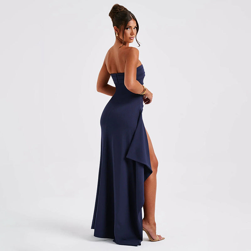 Strapless Pleated Split Maxi Dress