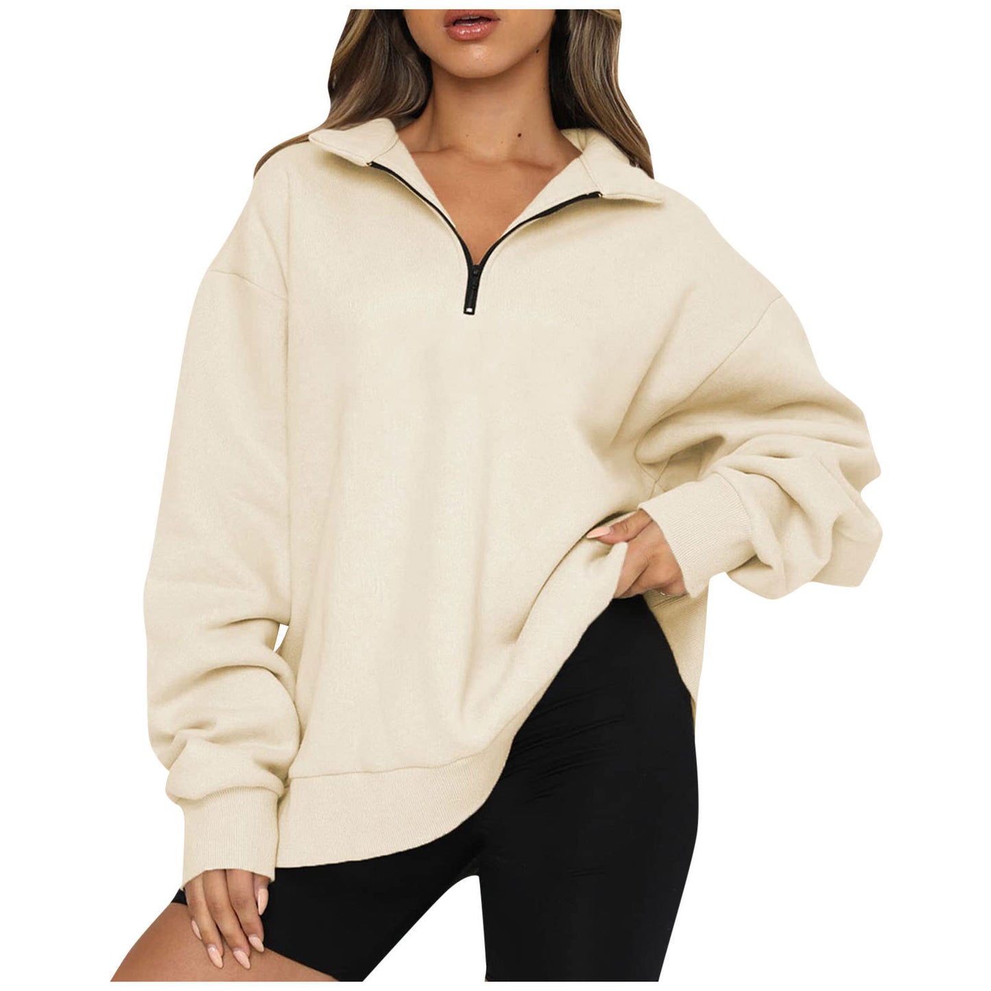 CozyChic Zip-Up Sweatshirt — Turndown Collar, Effortless Loose Fit for Everyday Style