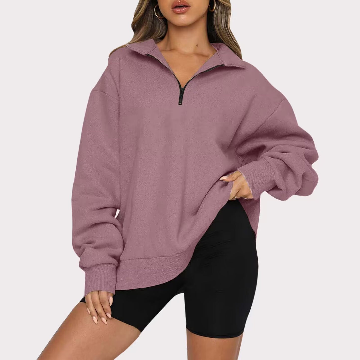 CozyChic Zip-Up Sweatshirt — Turndown Collar, Effortless Loose Fit for Everyday Style