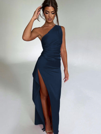 Sultry Satin One-Shoulder Backless Slit Dress