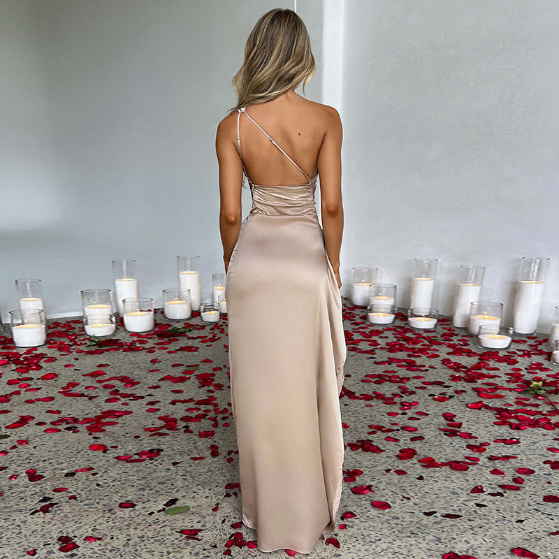 Sultry Satin One-Shoulder Backless Slit Dress