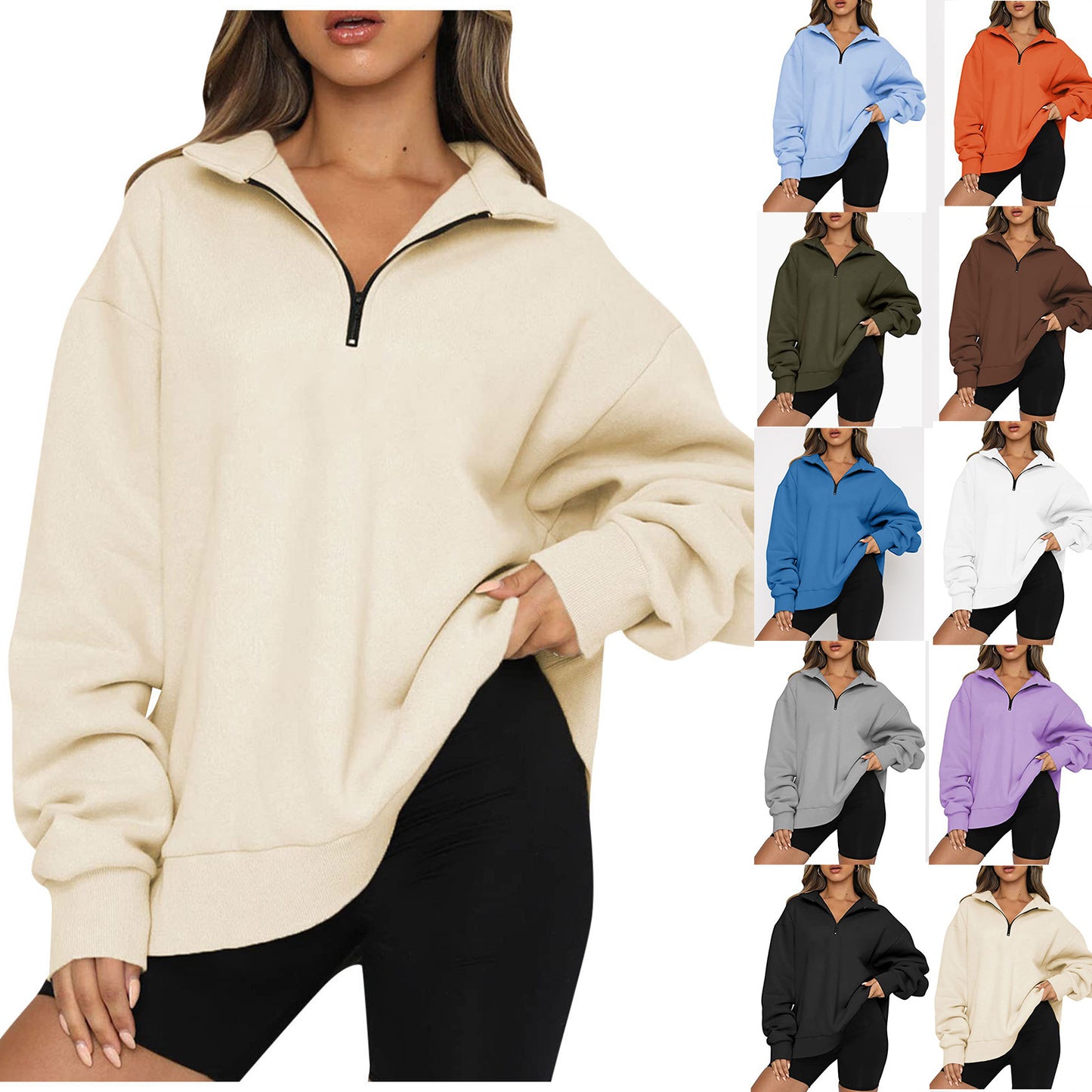 CozyChic Zip-Up Sweatshirt — Turndown Collar, Effortless Loose Fit for Everyday Style