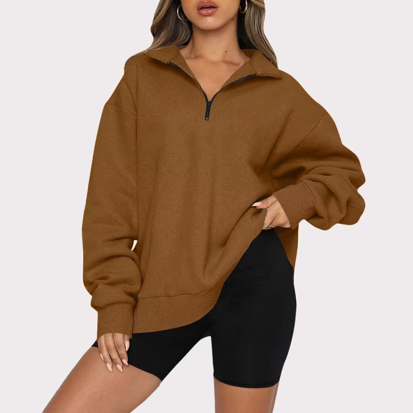 CozyChic Zip-Up Sweatshirt — Turndown Collar, Effortless Loose Fit for Everyday Style