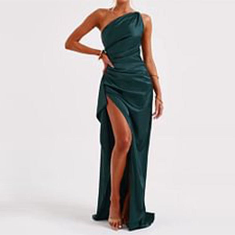 Sultry Satin One-Shoulder Backless Slit Dress