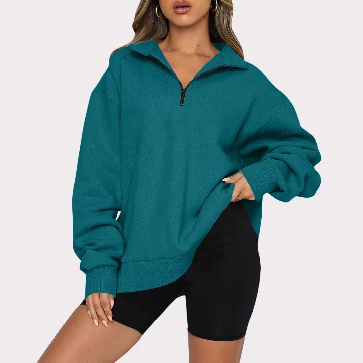 CozyChic Zip-Up Sweatshirt — Turndown Collar, Effortless Loose Fit for Everyday Style